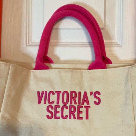 Victoria’s Secret Cream Orange Pink Canvas Tote Weekender Bag New - Picture 2 of 5